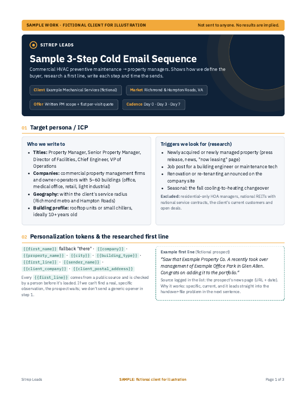 First page of the sample 3-step cold email sequence PDF